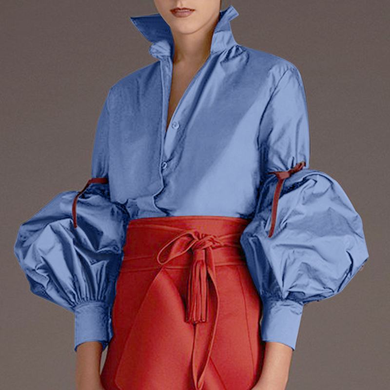 Lapel Puff-Sleeves Blouse